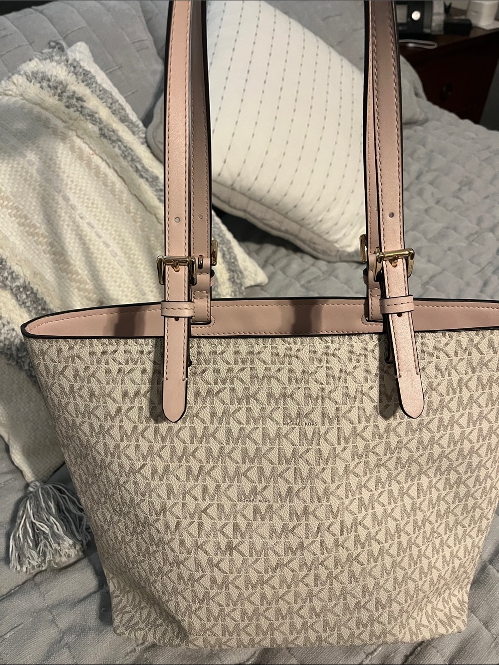 Michael Kors Beige Pale Pink MK Logo Tote - Picture 4 of 5